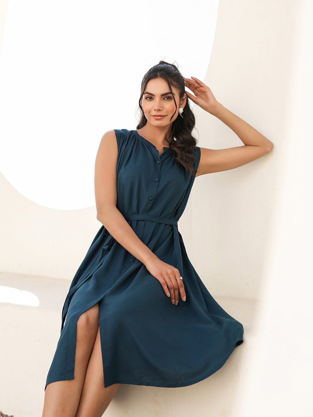 Janasya Dark Rayon Solid A-Line Dress | Grocsy