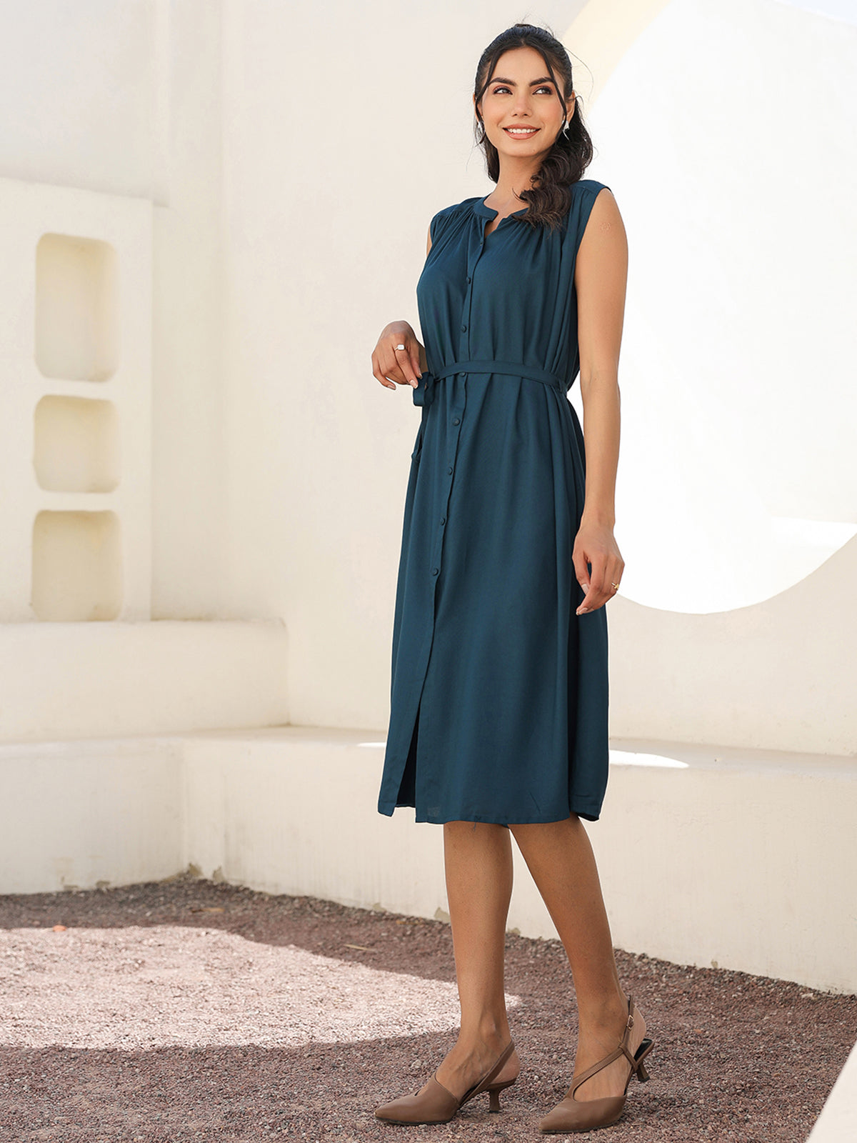 Janasya Dark Rayon Solid A-Line Dress | Grocsy