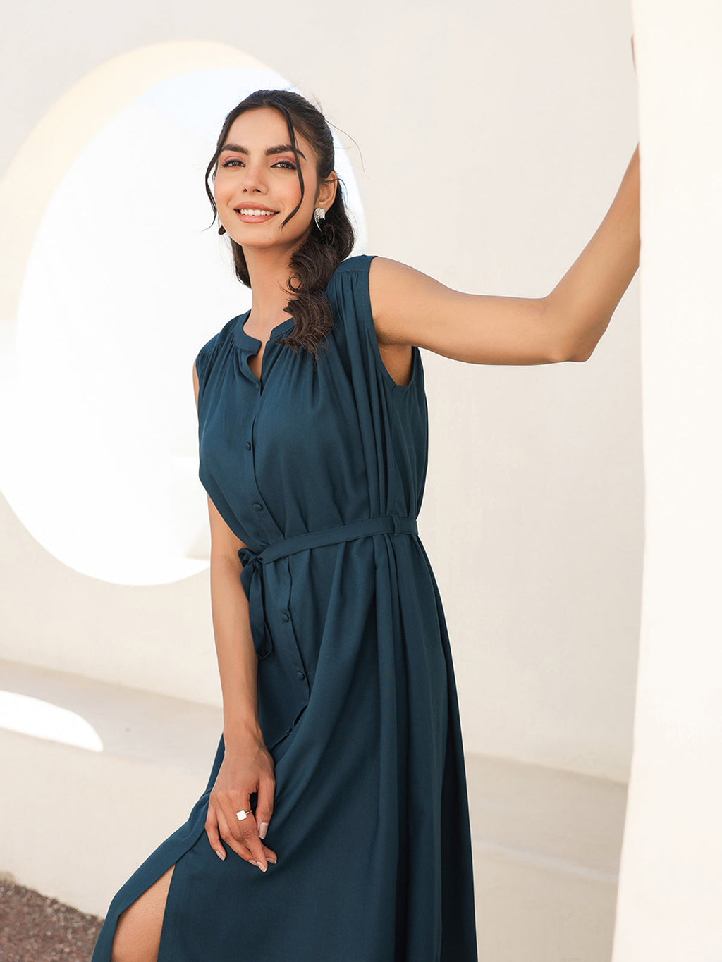 Janasya Dark Rayon Solid A-Line Dress | Grocsy