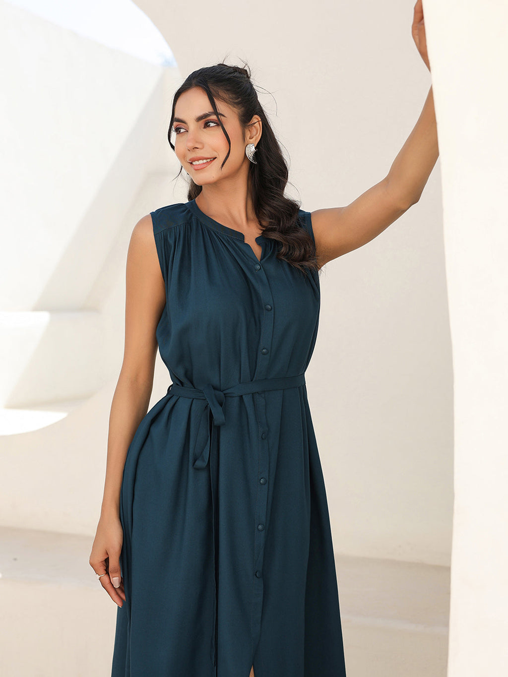 Janasya Dark Rayon Solid A-Line Dress | Grocsy