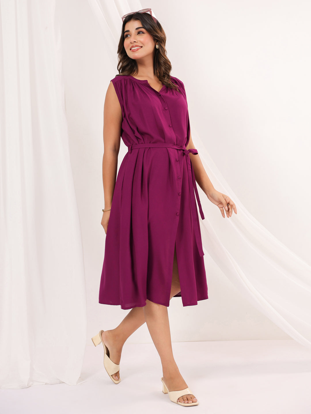 Janasya Dark Rayon Solid A-Line Dress | Grocsy