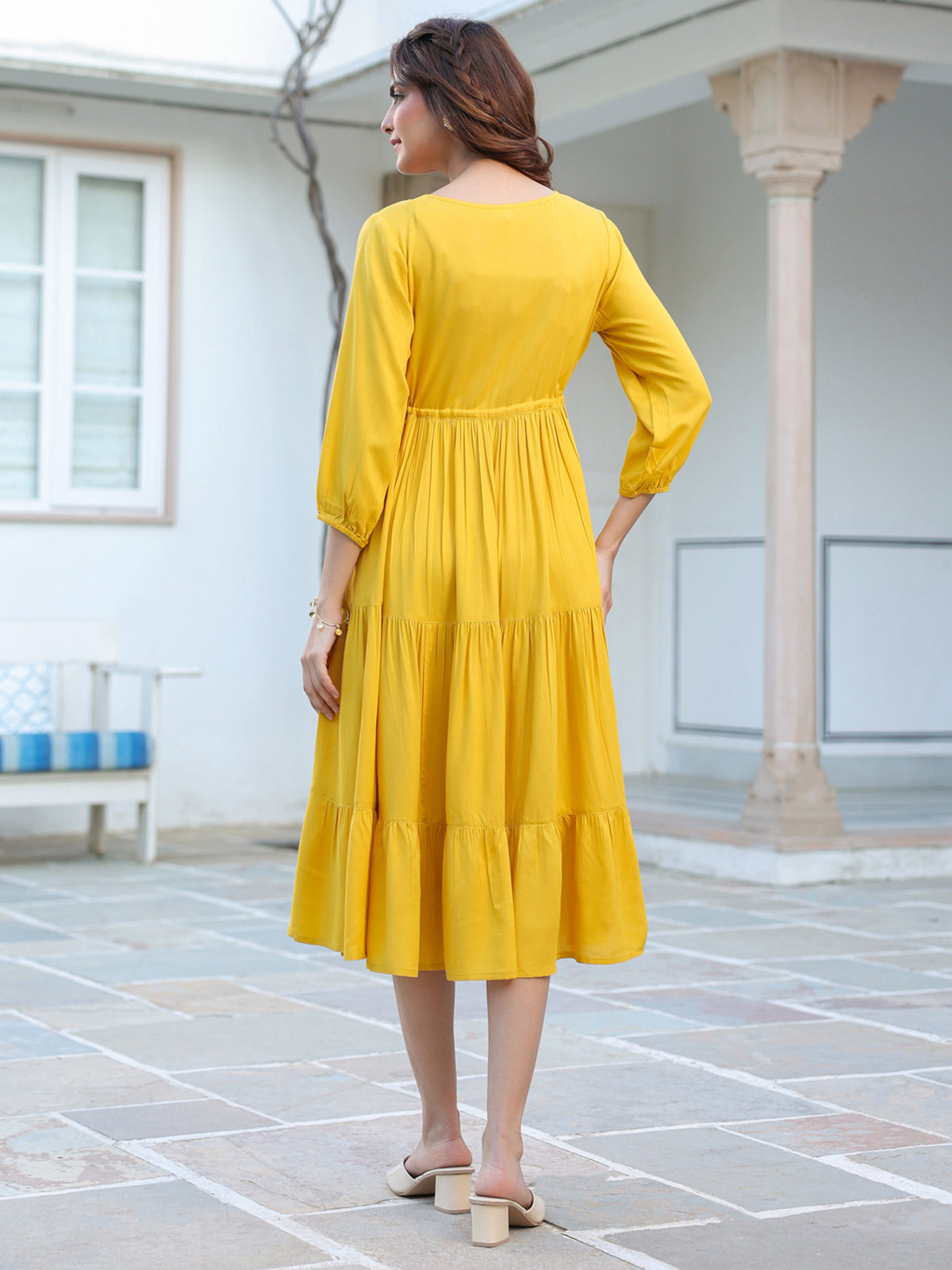 Janasya Bright Rayon Solid Tiered Dress | Grocsy