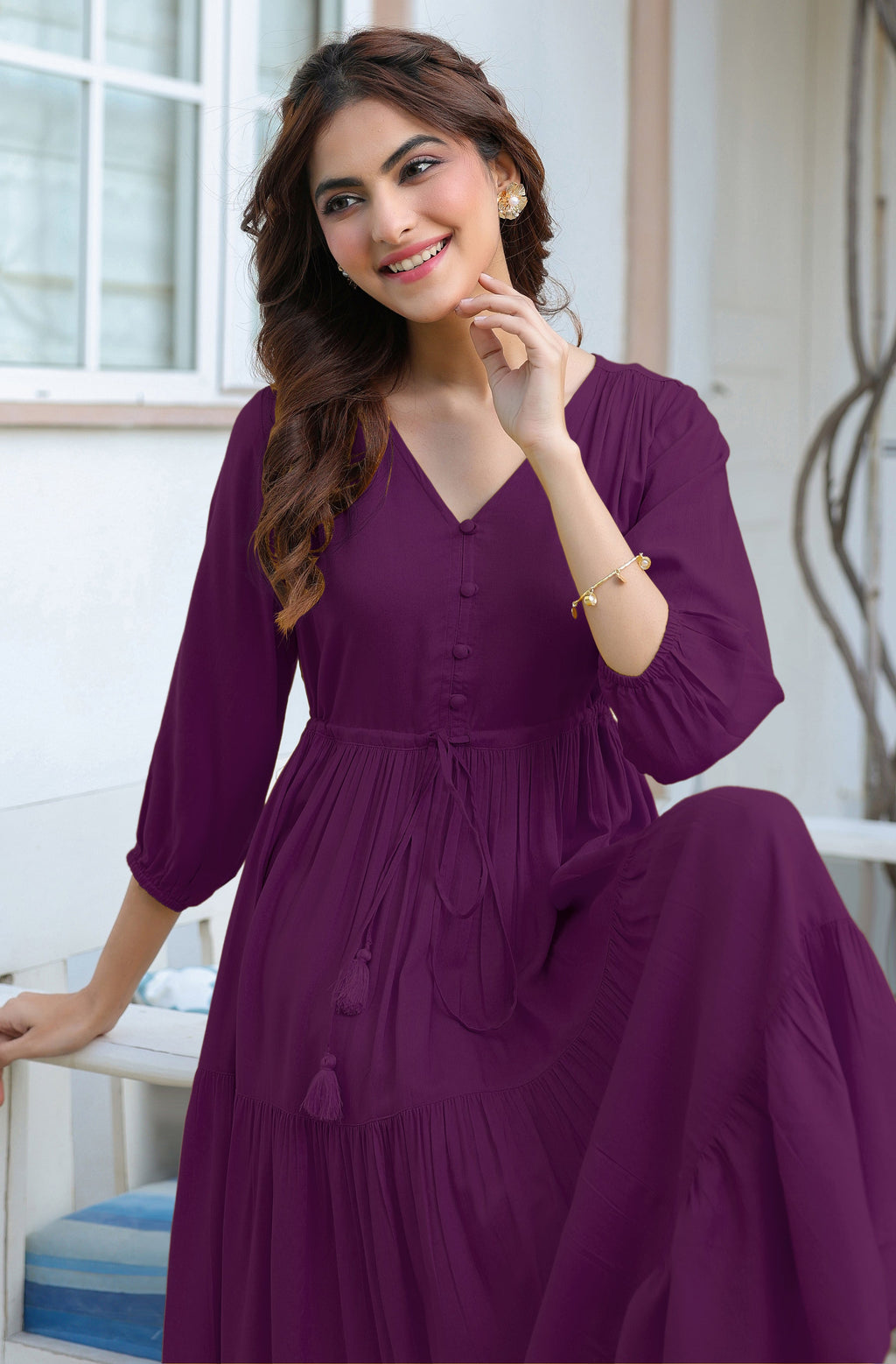 Janasya Dark Rayon Solid Tiered Dress | Grocsy