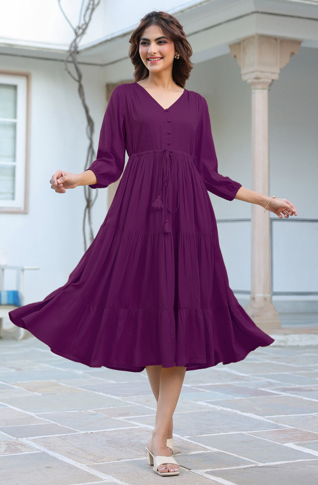Janasya Dark Rayon Solid Tiered Dress | Grocsy