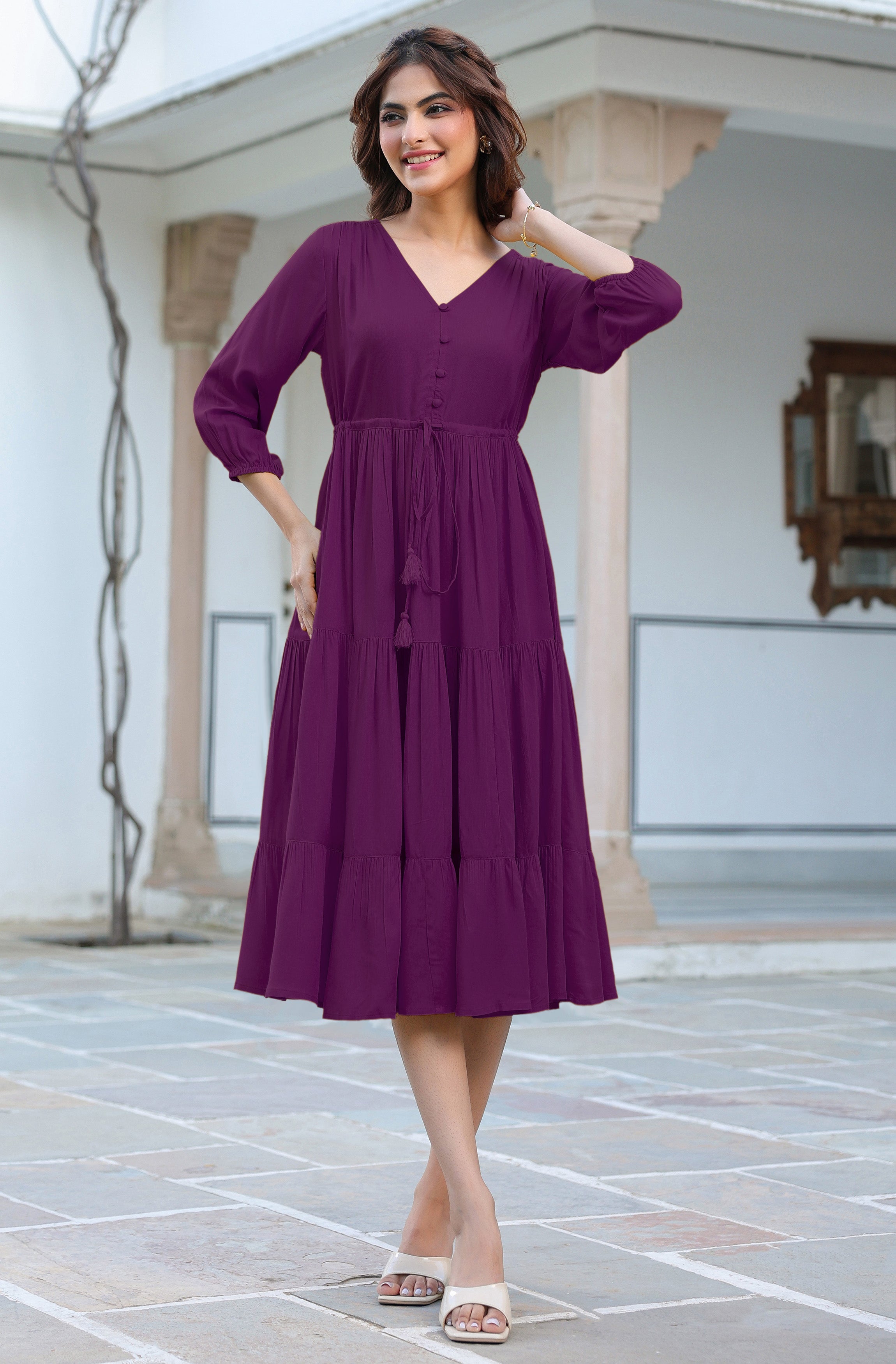 Janasya Dark Rayon Solid Tiered Dress | Grocsy