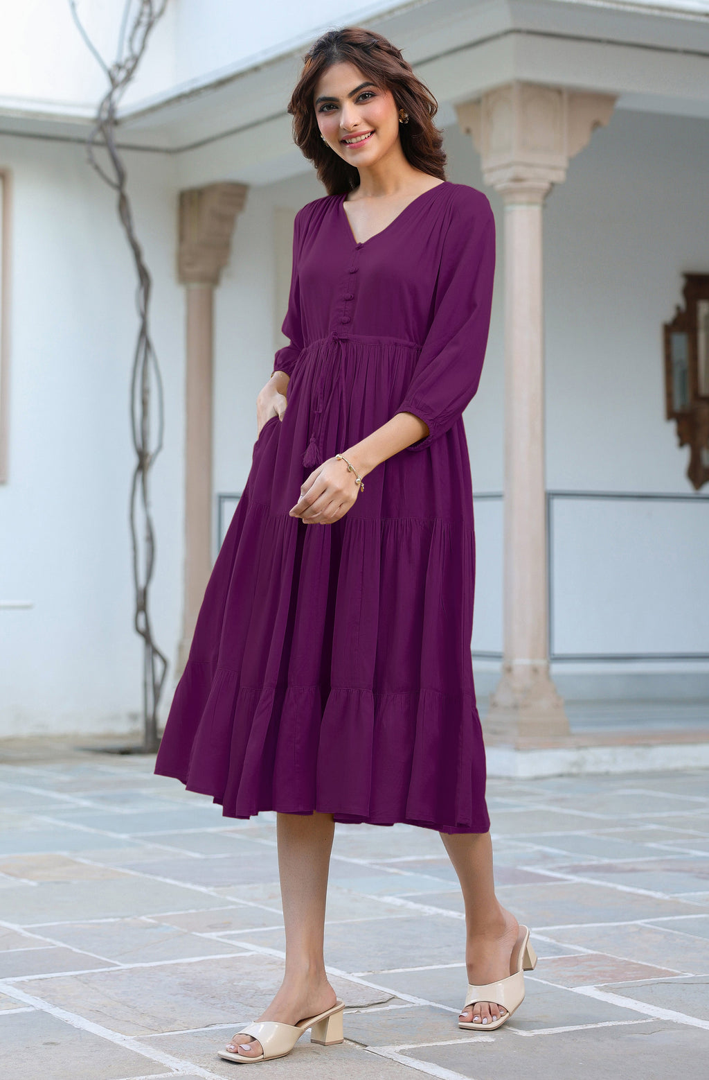 Janasya Dark Rayon Solid Tiered Dress | Grocsy