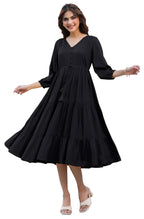 Janasya Dark Rayon Solid Tiered Dress | Grocsy
