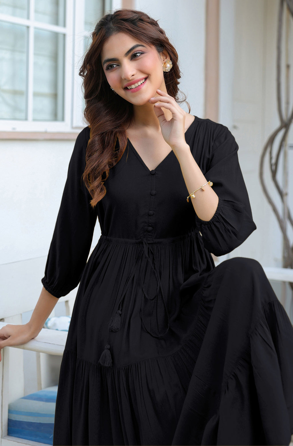 Janasya Dark Rayon Solid Tiered Dress | Grocsy
