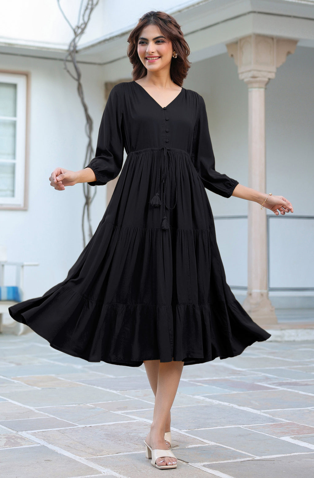 Janasya Dark Rayon Solid Tiered Dress | Grocsy