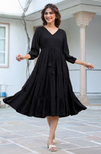 Janasya Dark Rayon Solid Tiered Dress | Grocsy