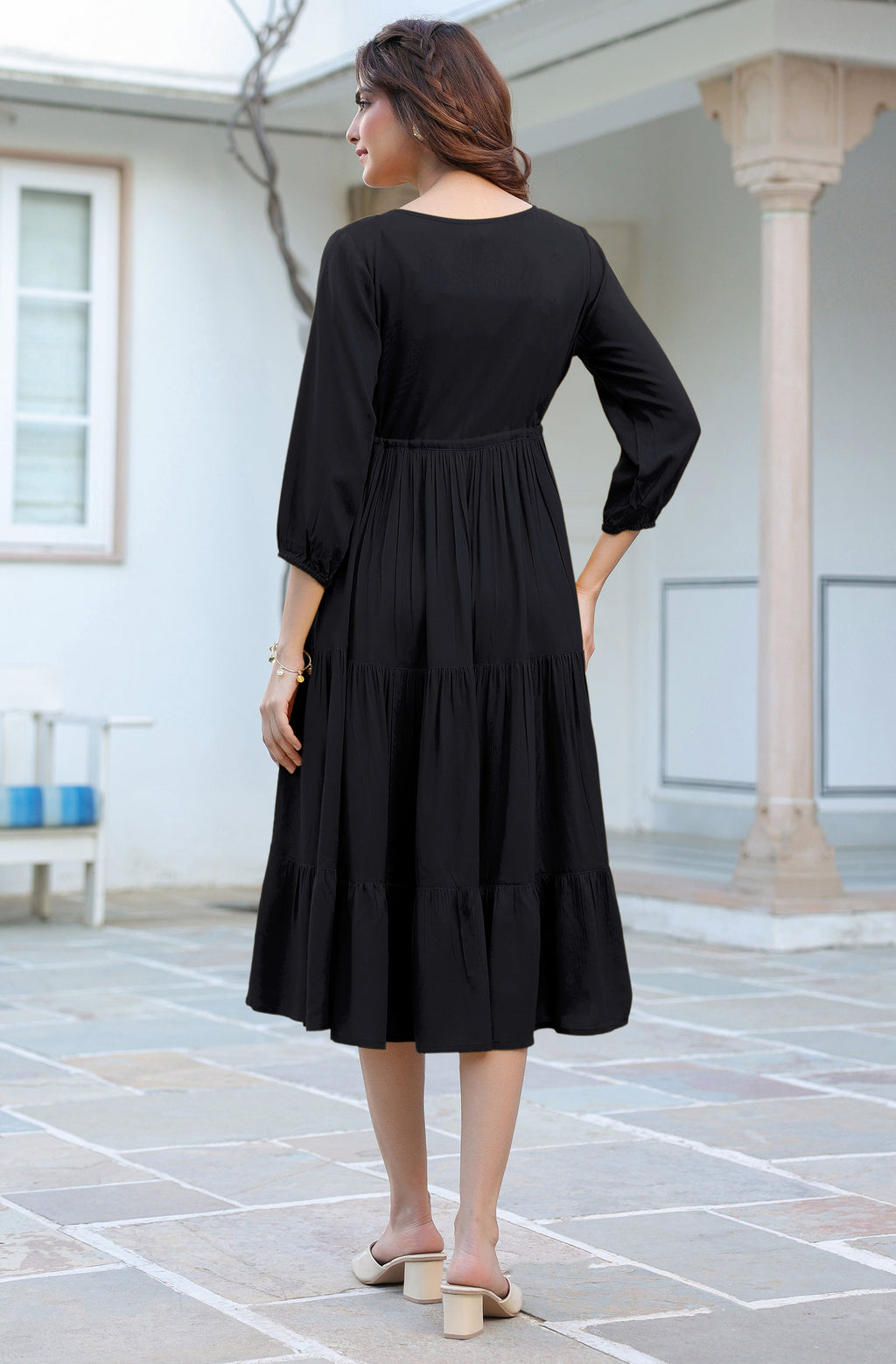 Janasya Dark Rayon Solid Tiered Dress | Grocsy