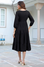 Janasya Dark Rayon Solid Tiered Dress | Grocsy