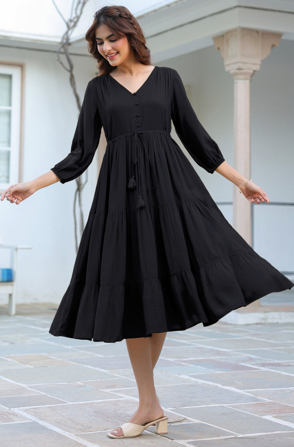 Janasya Dark Rayon Solid Tiered Dress | Grocsy