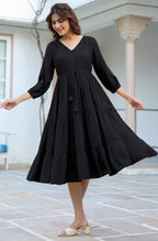 Janasya Dark Rayon Solid Tiered Dress | Grocsy
