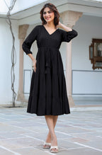 Janasya Dark Rayon Solid Tiered Dress | Grocsy
