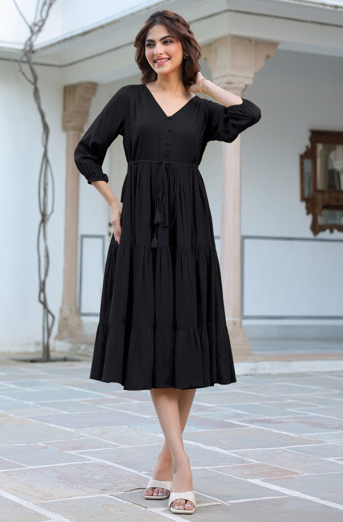 Janasya Dark Rayon Solid Tiered Dress | Grocsy