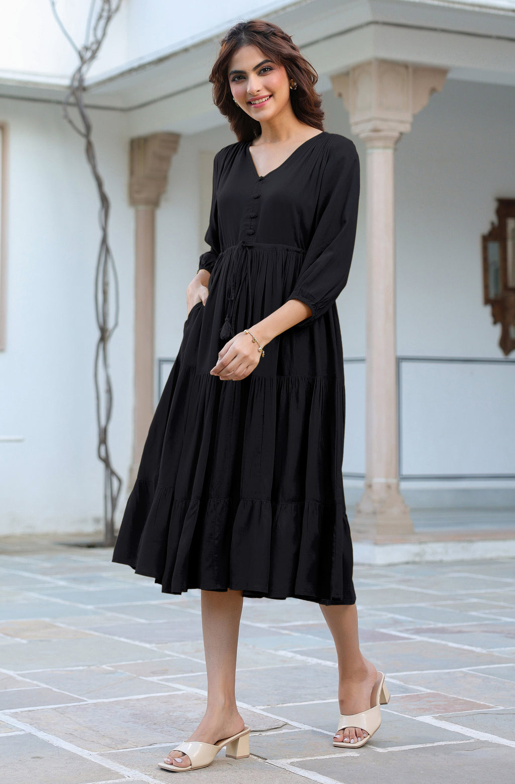 Janasya Dark Rayon Solid Tiered Dress | Grocsy
