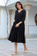 Janasya Dark Rayon Solid Tiered Dress | Grocsy