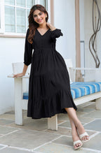 Janasya Dark Rayon Solid Tiered Dress | Grocsy