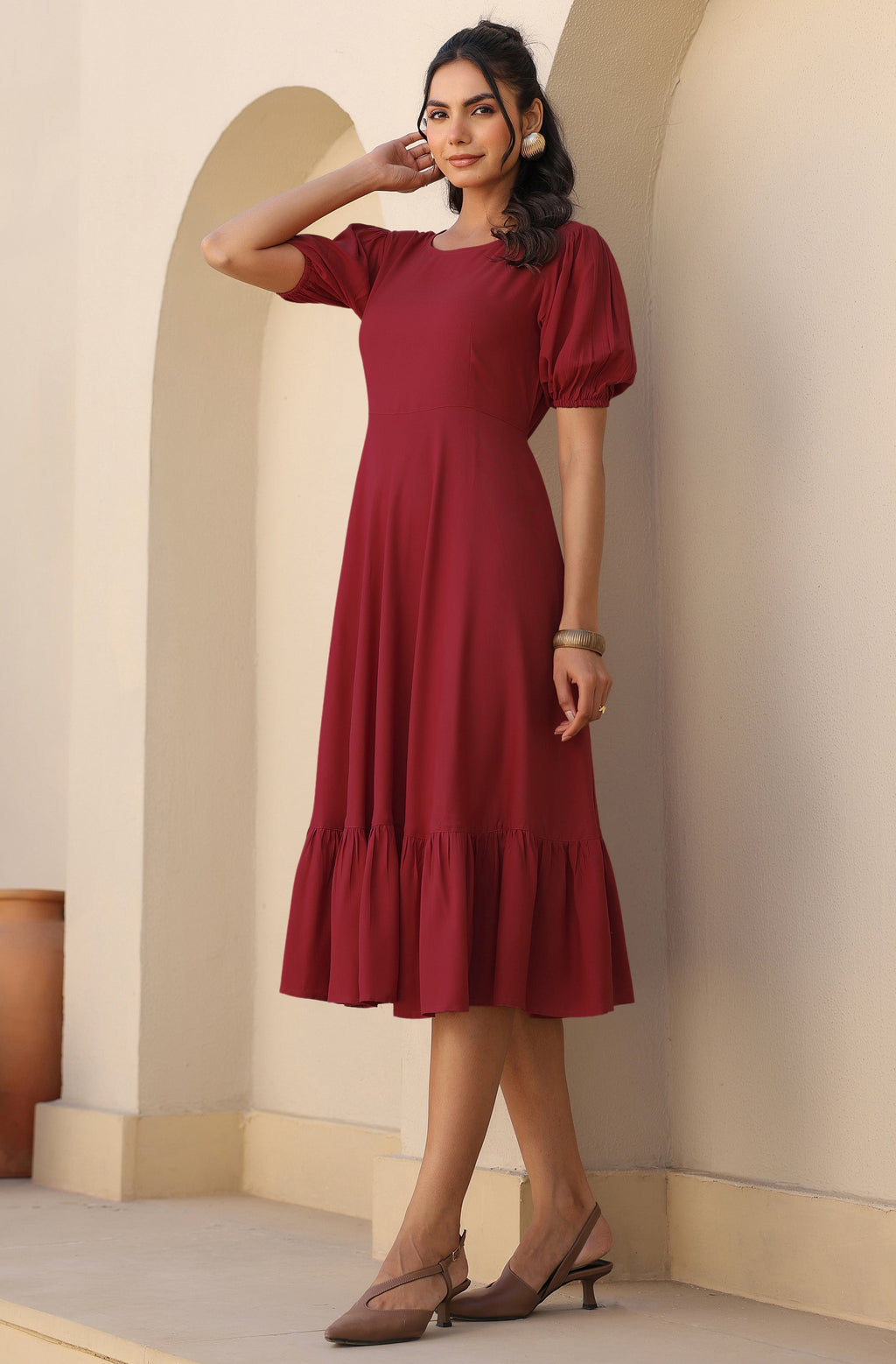 Janasya Dark Rayon Solid A-Line Dress | Grocsy