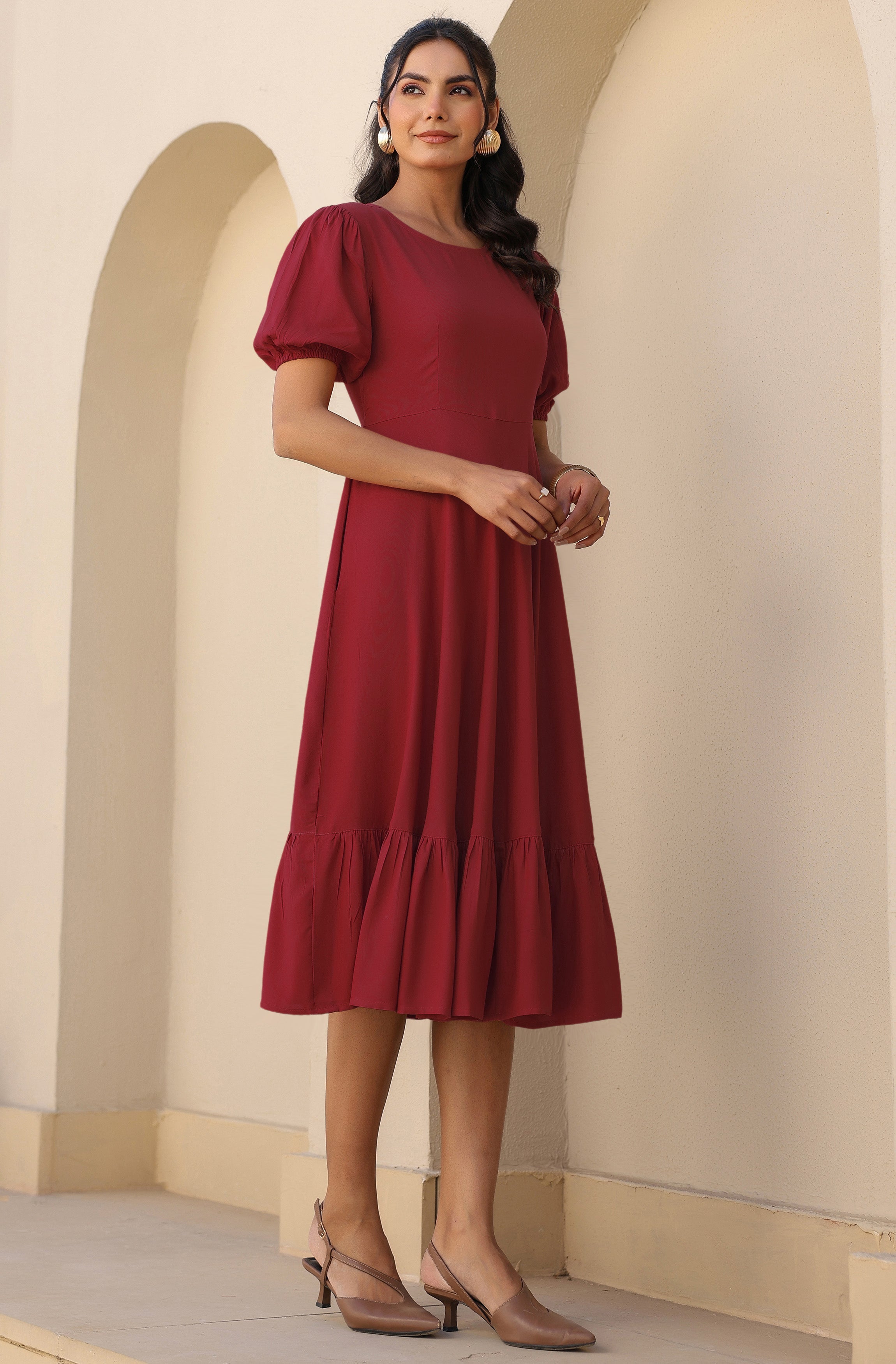 Janasya Dark Rayon Solid A-Line Dress | Grocsy