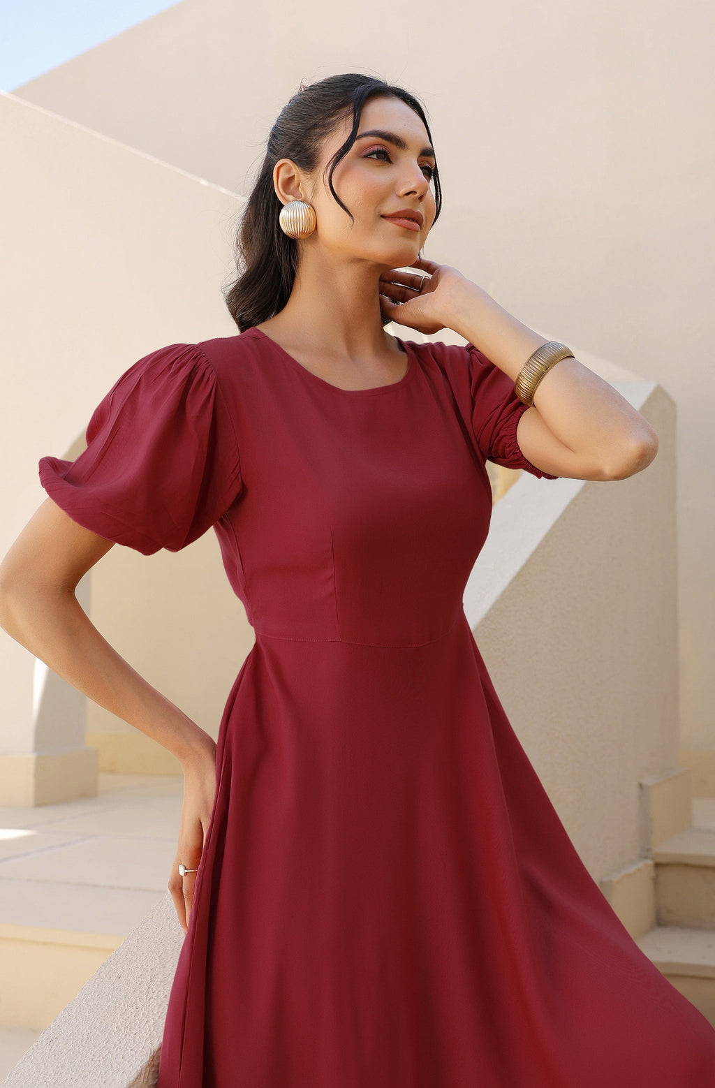 Janasya Dark Rayon Solid A-Line Dress | Grocsy