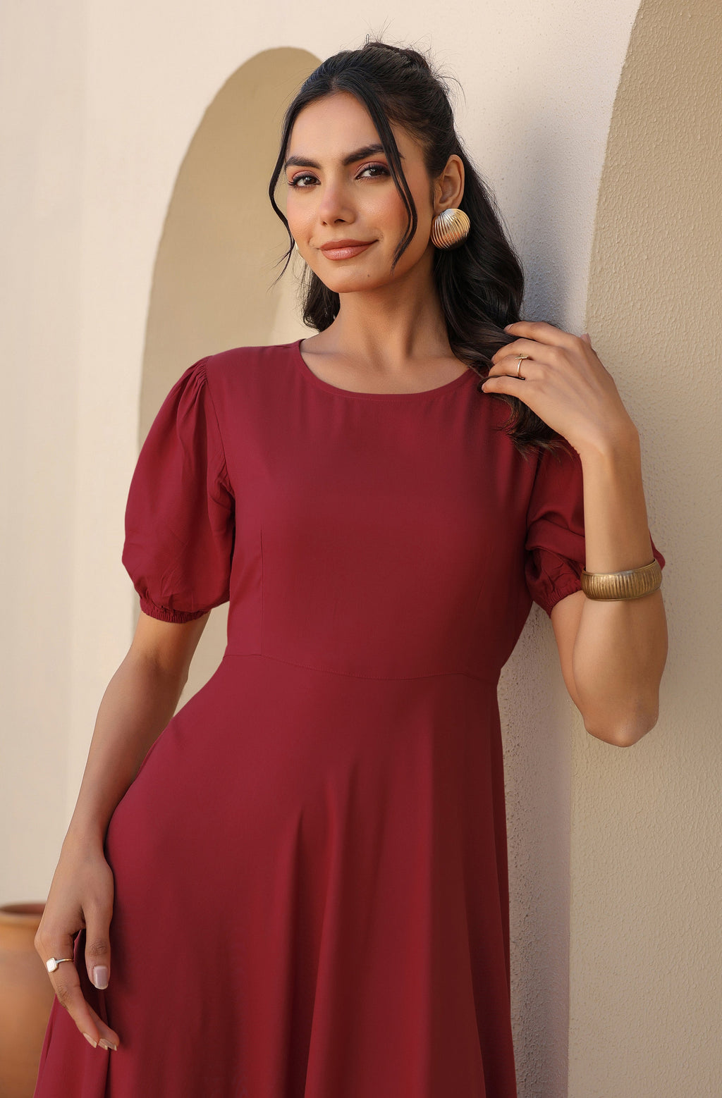 Janasya Dark Rayon Solid A-Line Dress | Grocsy