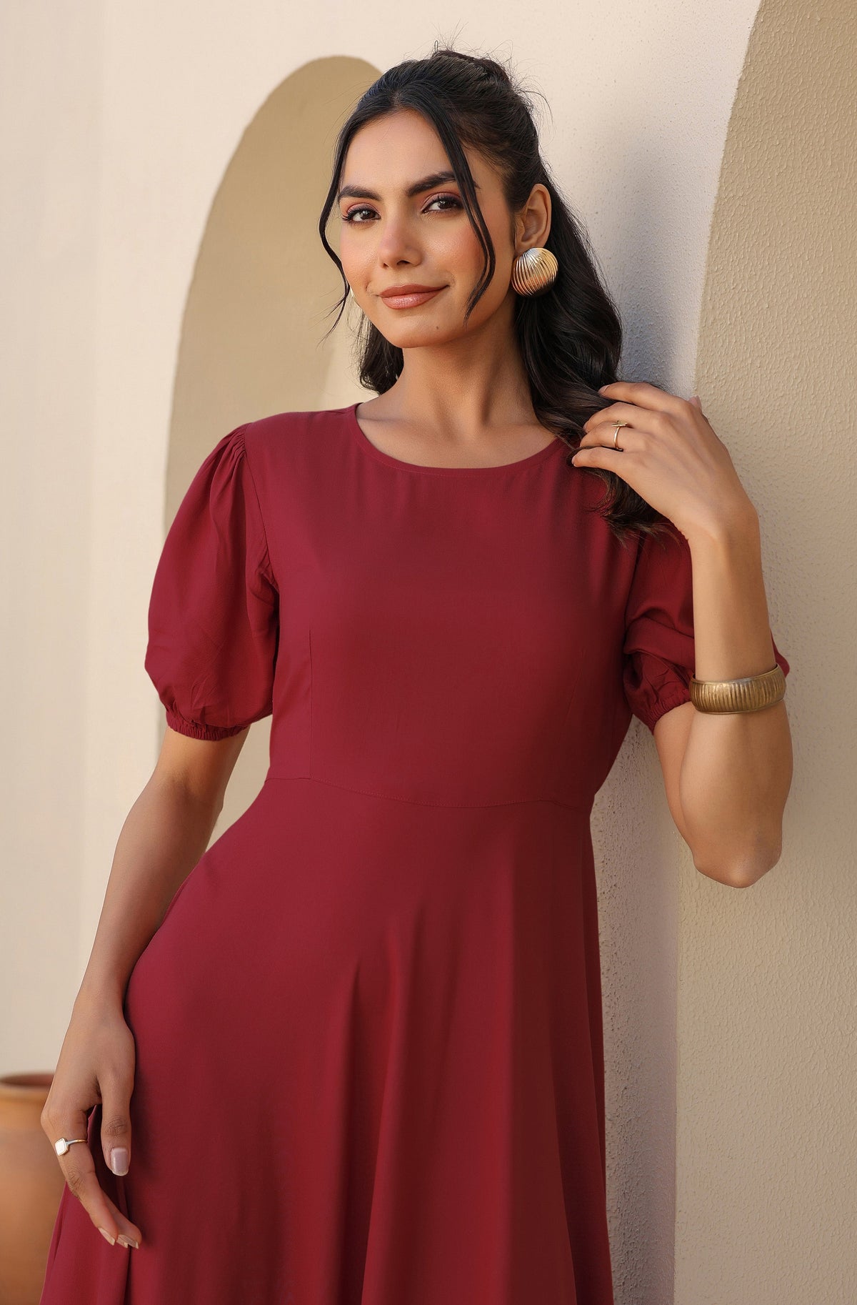 Janasya Dark Rayon Solid A-Line Dress | Grocsy