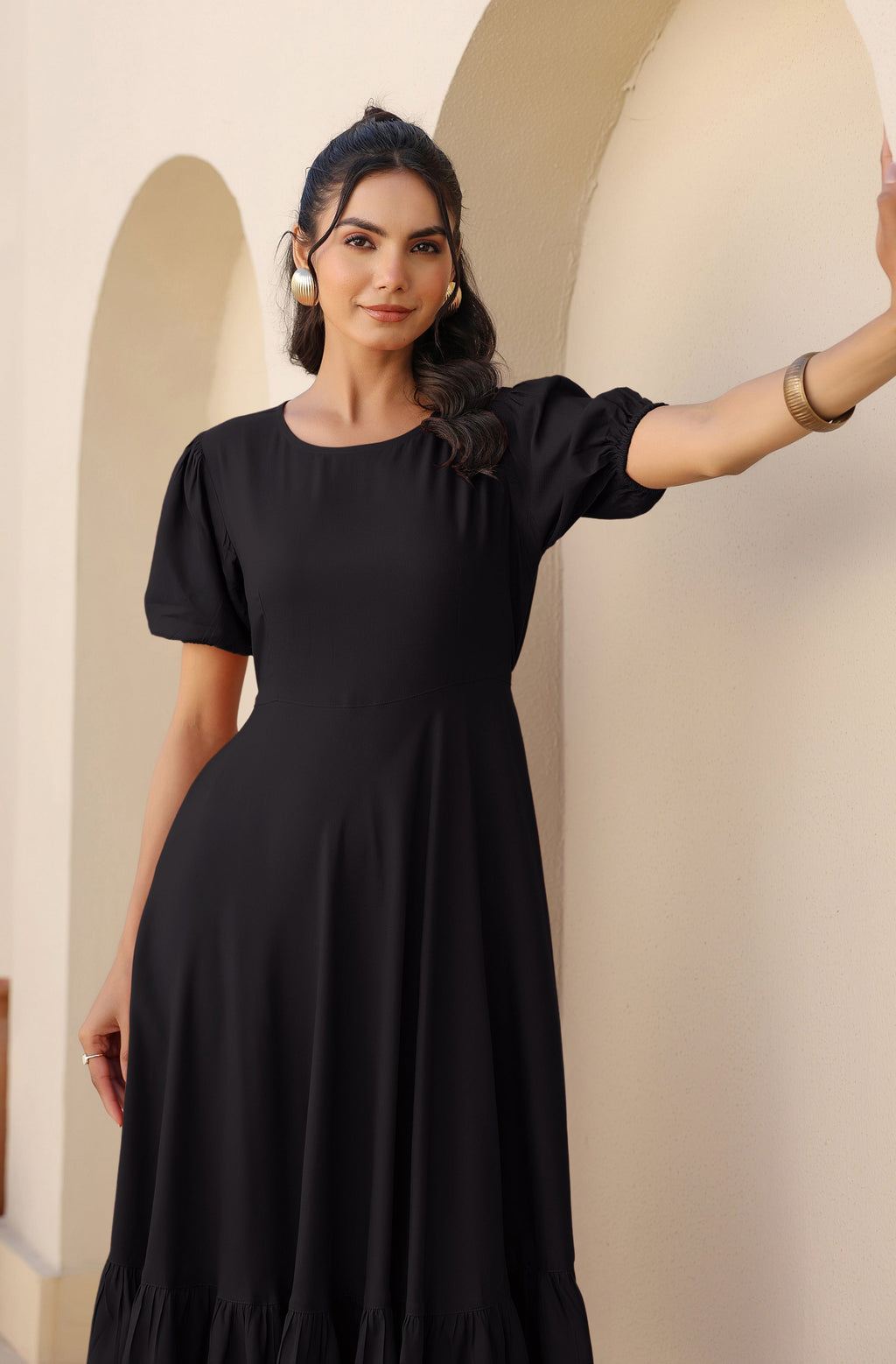 Janasya Dark Rayon Solid A-Line Dress | Grocsy