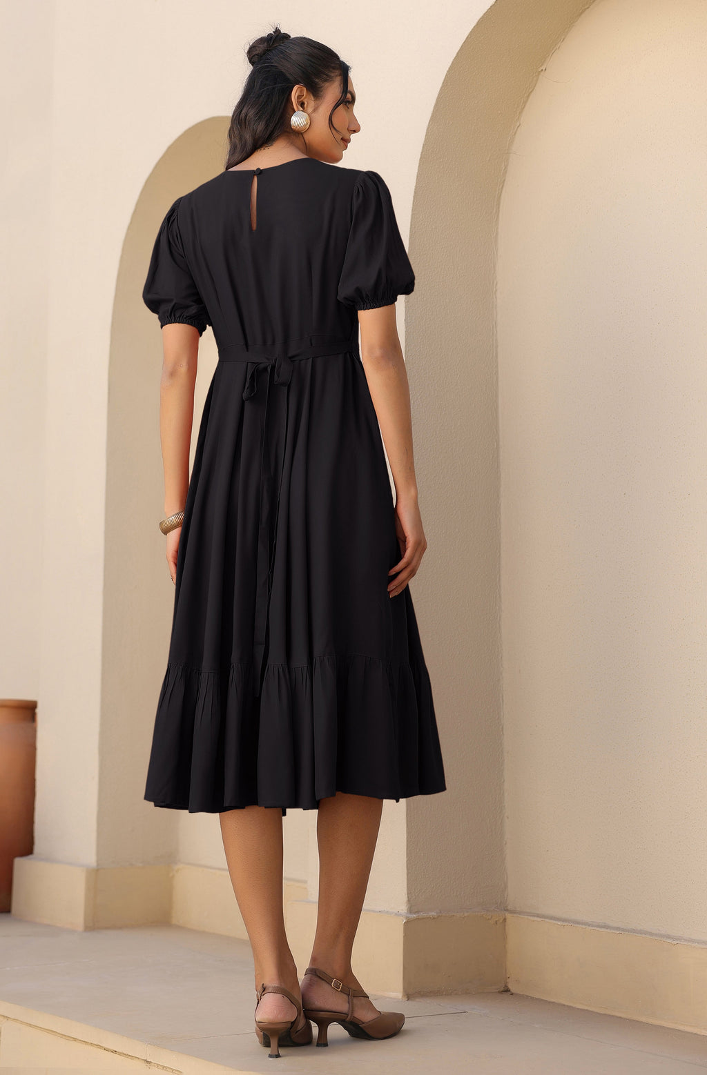 Janasya Dark Rayon Solid A-Line Dress | Grocsy