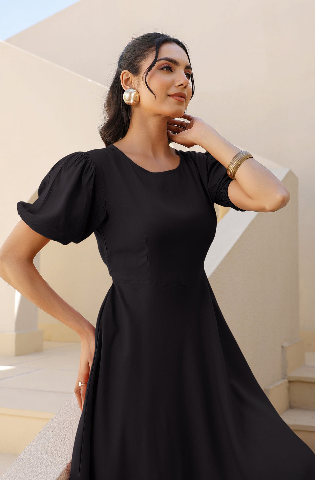 Janasya Dark Rayon Solid A-Line Dress | Grocsy