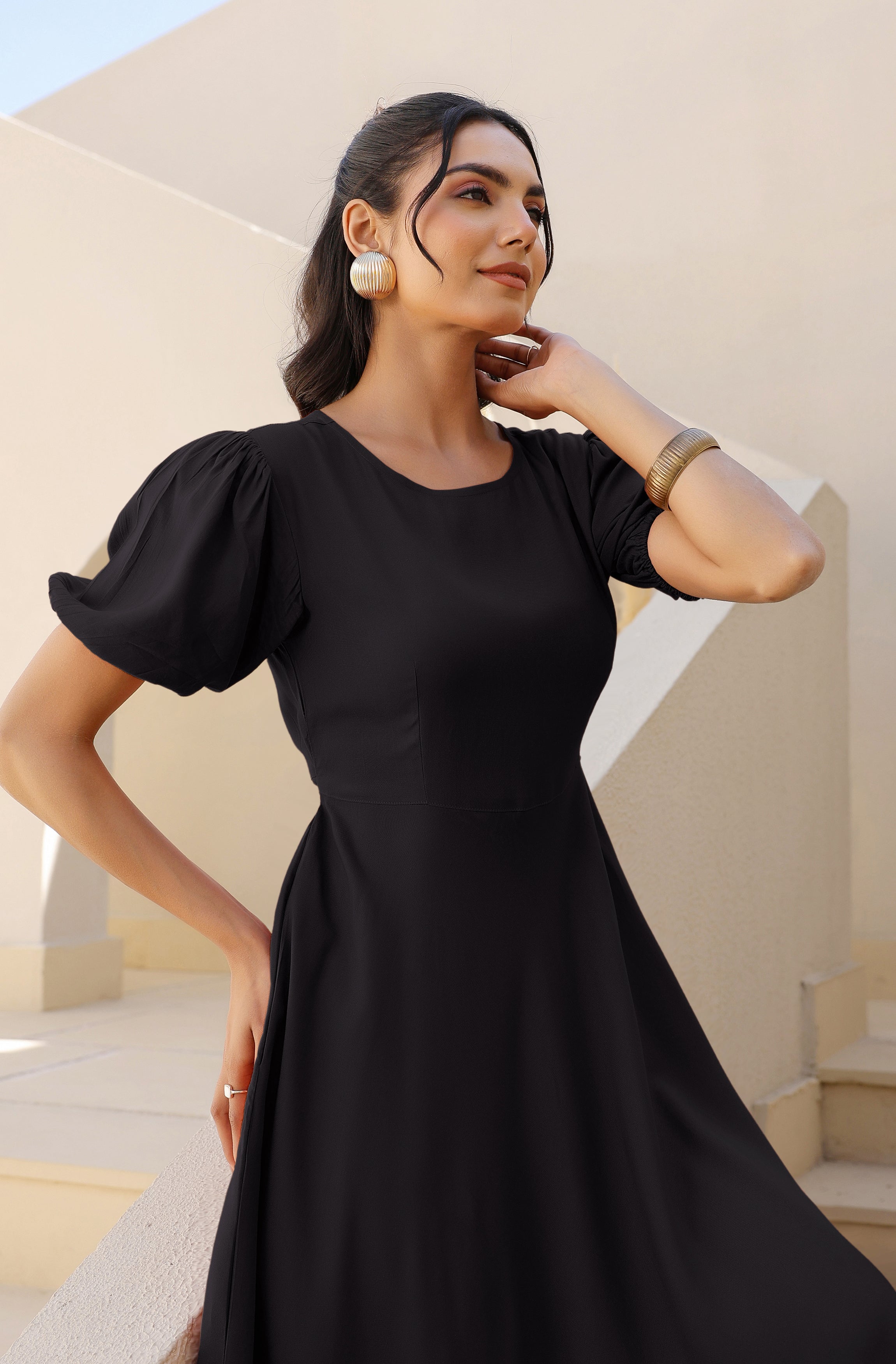 Janasya Dark Rayon Solid A-Line Dress | Grocsy