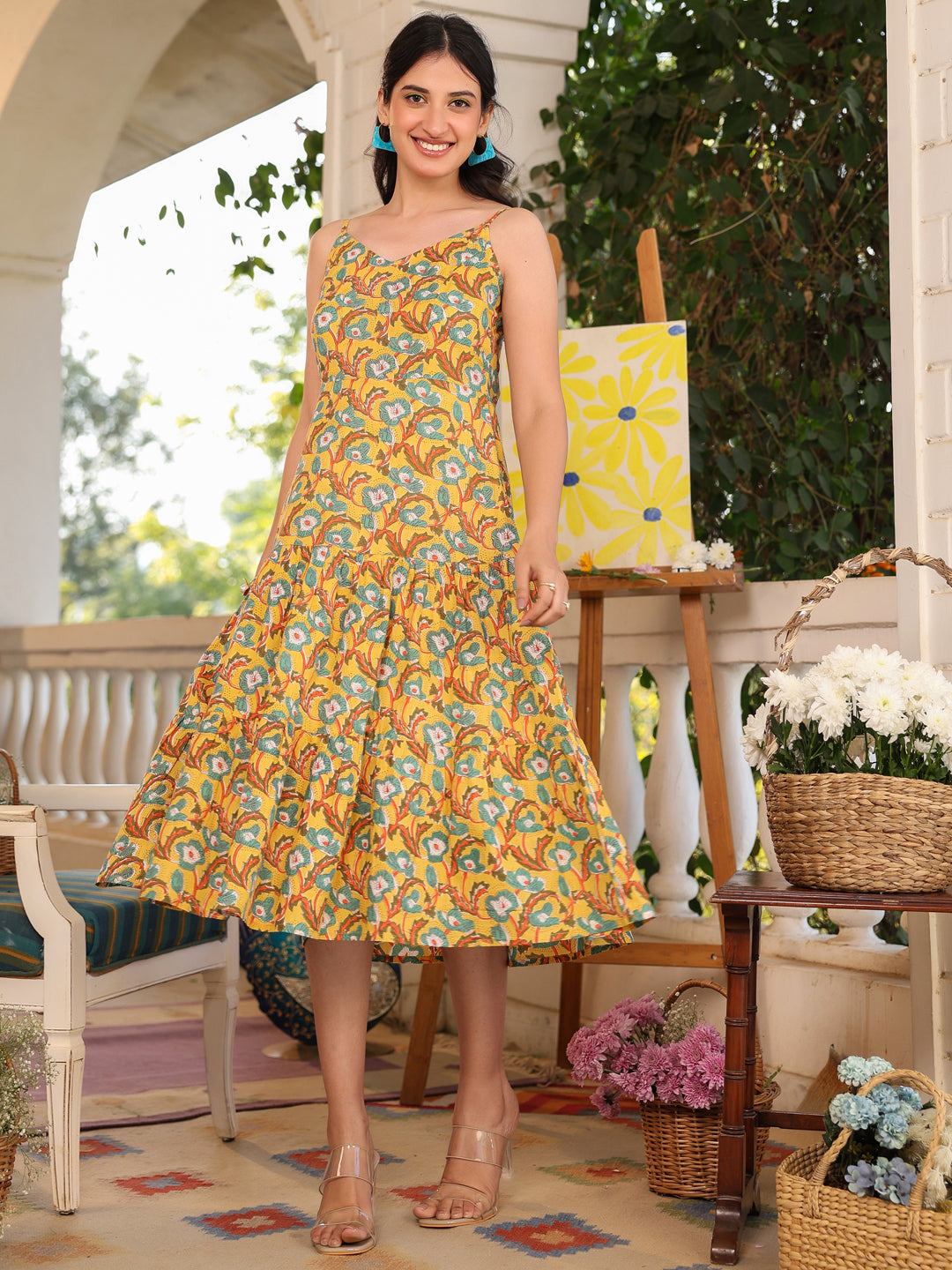Janasya Bright Cotton Floral Tiered Dress | Grocsy