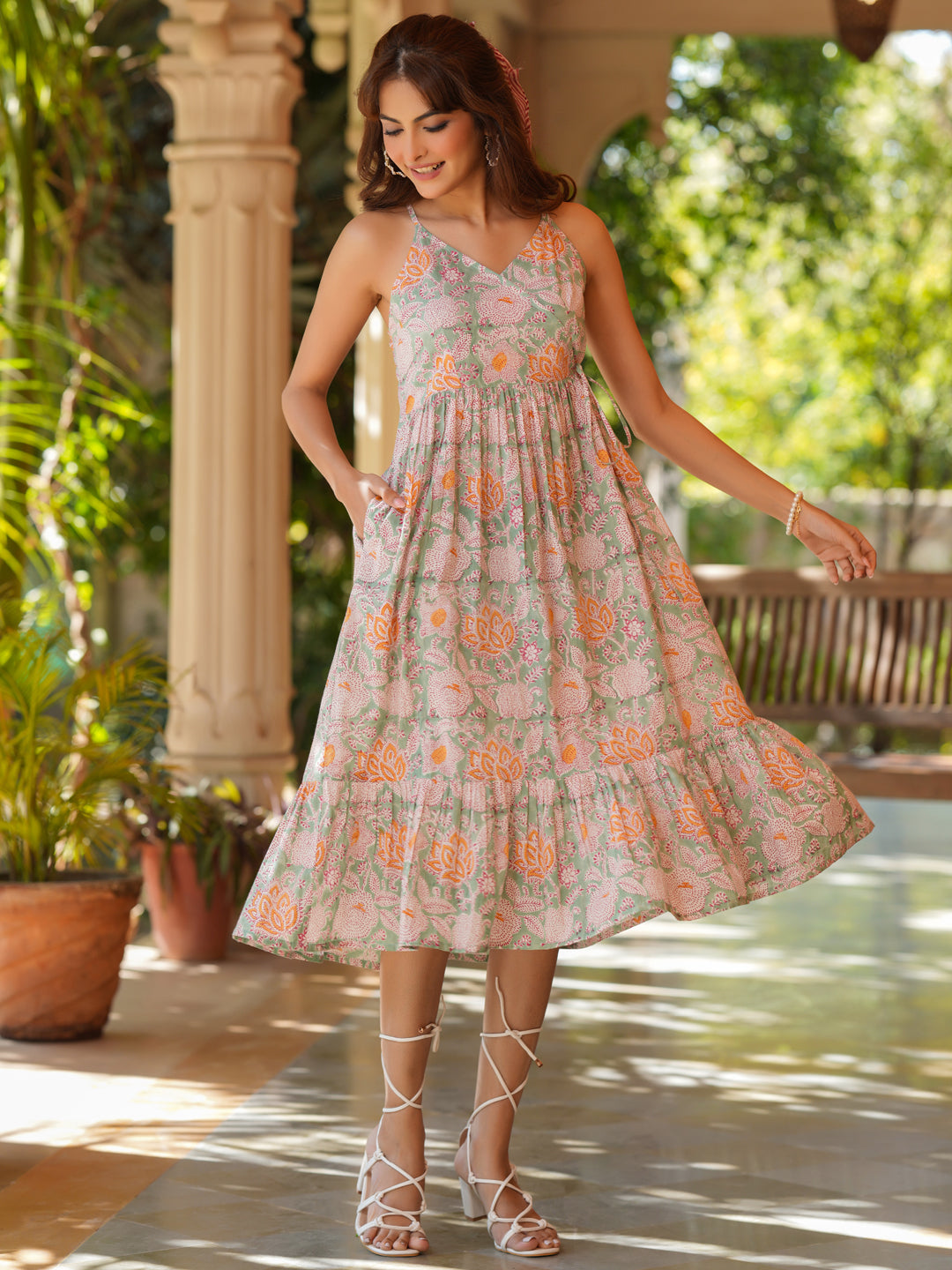 Janasya Light Cotton Floral Tiered Dress | Grocsy