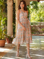 Janasya Light Cotton Floral Tiered Dress | Grocsy