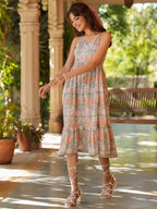 Janasya Light Cotton Floral Tiered Dress | Grocsy
