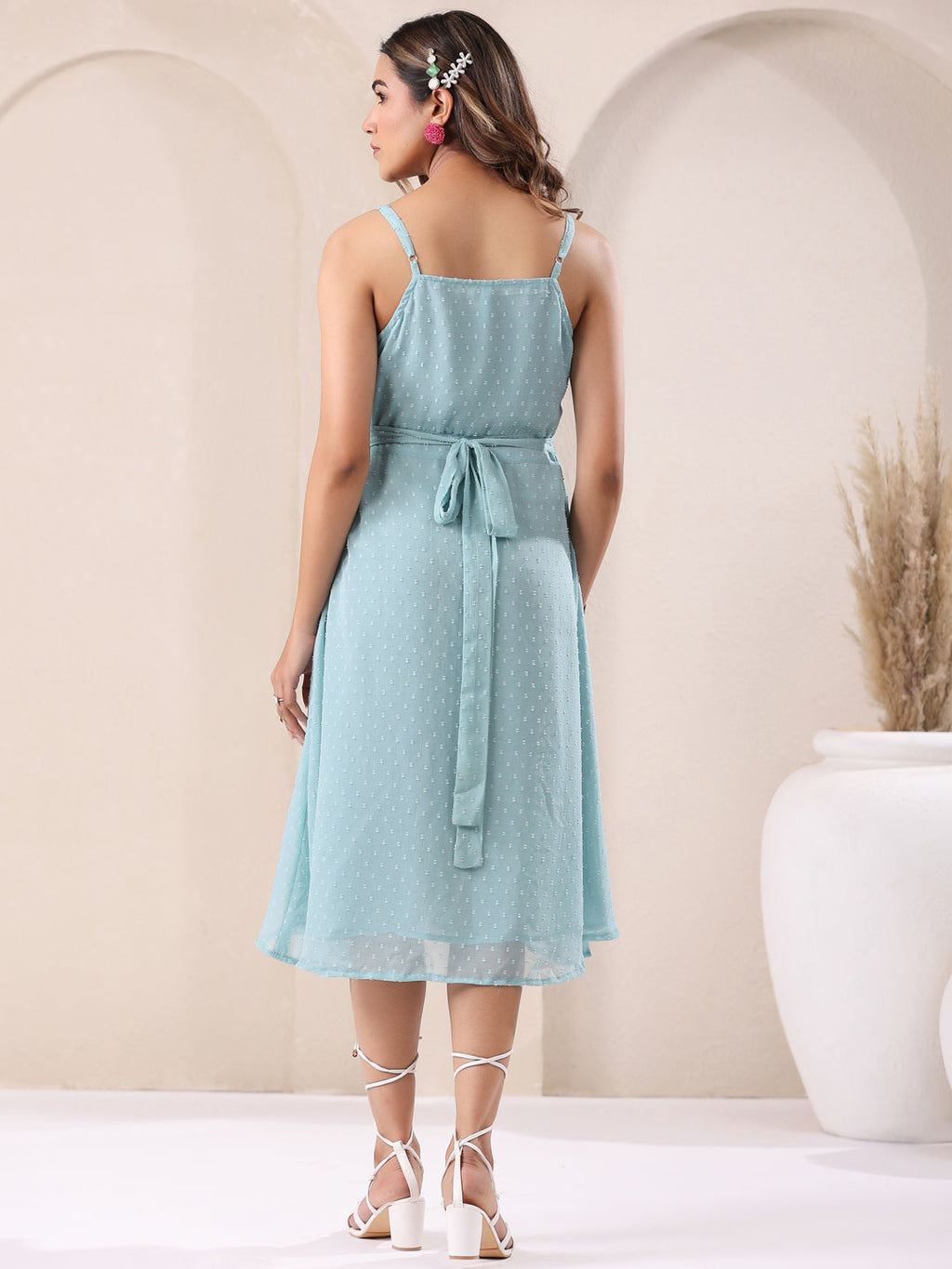 Janasya Light Dobby Chiffon Solid A-Line Dress | Grocsy