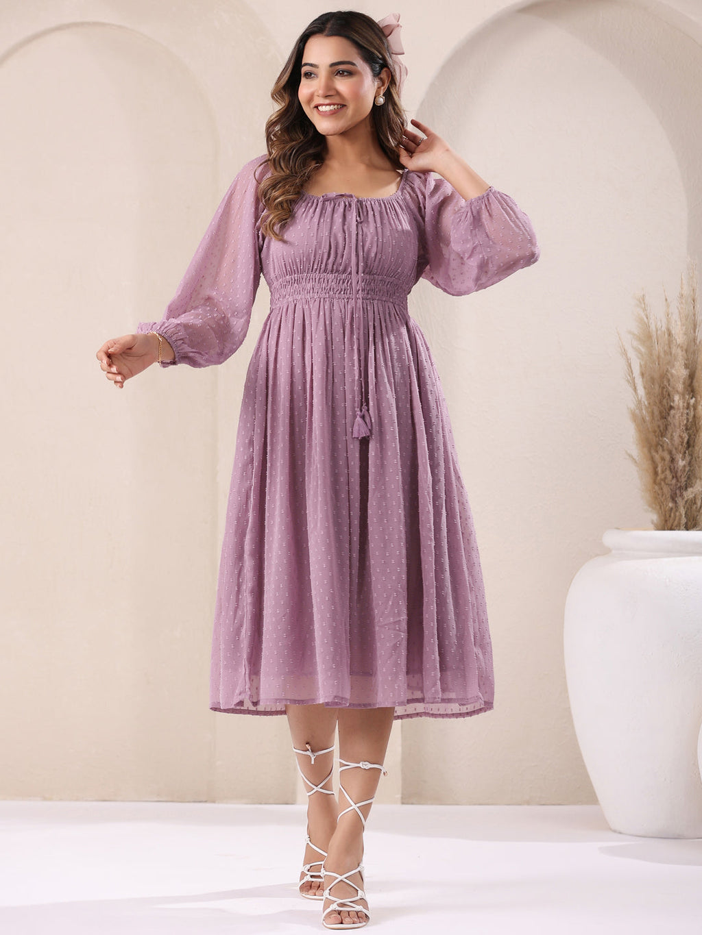 Janasya Light Dobby Chiffon Self Design Fit & Flare Dress | Grocsy