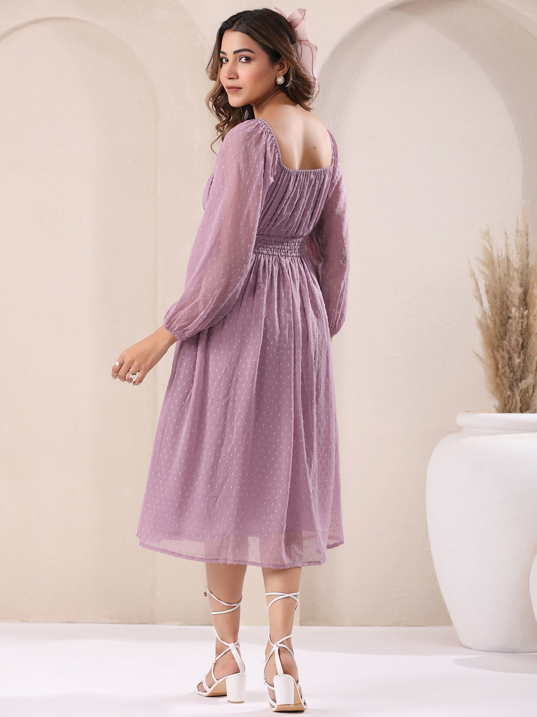 Janasya Light Dobby Chiffon Self Design Fit & Flare Dress | Grocsy
