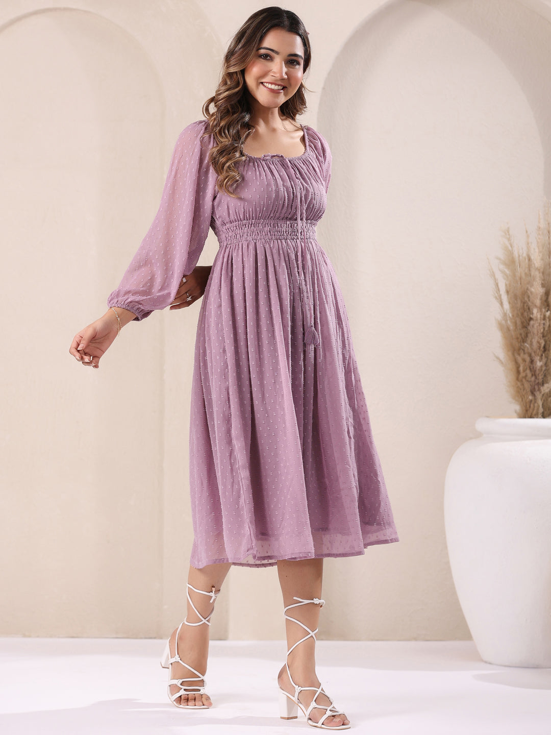 Janasya Light Dobby Chiffon Self Design Fit & Flare Dress | Grocsy