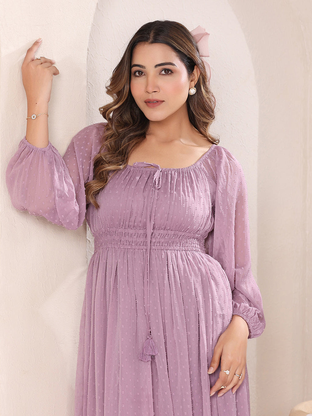 Janasya Light Dobby Chiffon Self Design Fit & Flare Dress | Grocsy