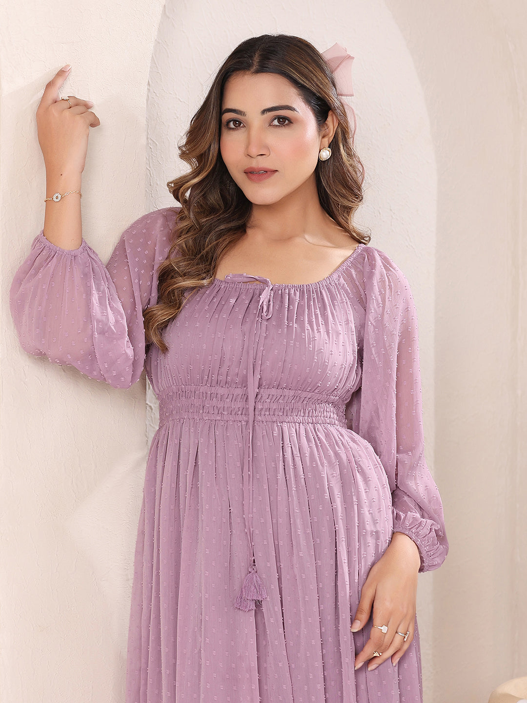 Janasya Light Dobby Chiffon Self Design Fit & Flare Dress | Grocsy