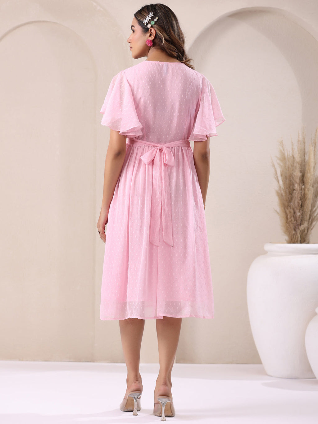 Janasya Light Dobby Chiffon Self Design A-Line Dress | Grocsy