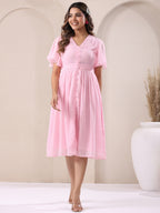 Janasya Light Dobby Chiffon Self Design A-Line Dress | Grocsy