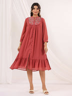 Janasya Dark Dobby Chiffon Embroidered Tiered Dress | Grocsy