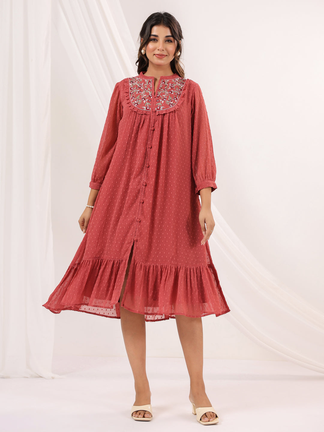 Janasya Dark Dobby Chiffon Embroidered Tiered Dress | Grocsy