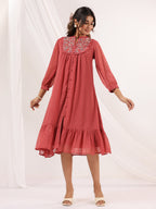 Janasya Dark Dobby Chiffon Embroidered Tiered Dress | Grocsy