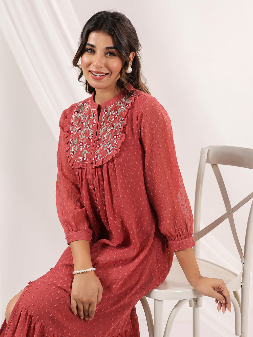 Janasya Dark Dobby Chiffon Embroidered Tiered Dress | Grocsy
