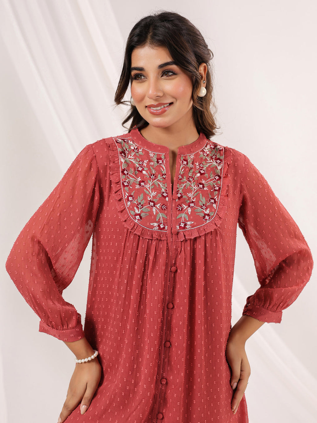 Janasya Dark Dobby Chiffon Embroidered Tiered Dress | Grocsy