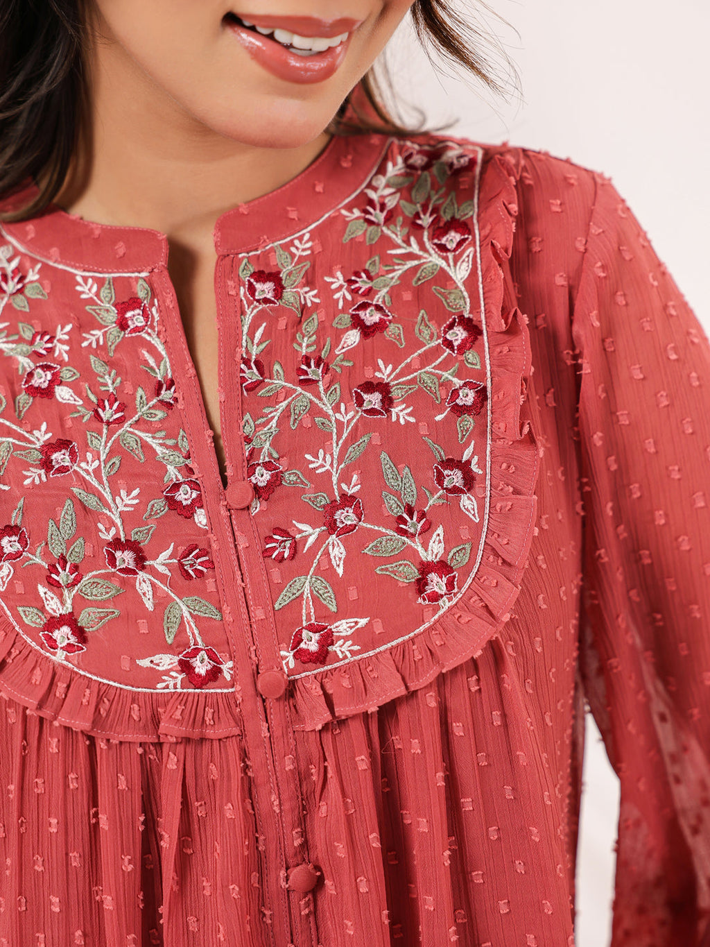Janasya Dark Dobby Chiffon Embroidered Tiered Dress | Grocsy